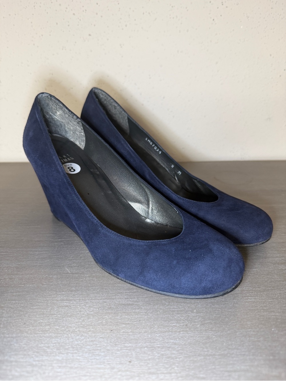 Stuart Weitzman Navy Blue Suede Wedge Pumps Round Toe Dress Shoes Spain Size 8